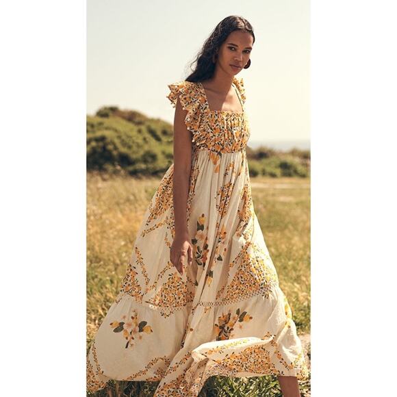 Farm Rio Cashew Ruffle Crossback Boho Maxi Floral Dress Long Summer Cotton - Picture 3 of 9